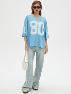 Women's Light <b>Blue</b> V-Neck <b>Mesh</b> Football Jersey Short Sleeve Loose Fit Breathable Team Number 80 Print All Seasons Apparel - Product Image 1
