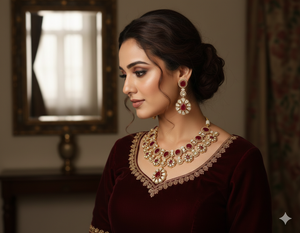 Raasika navratna royale heirloom necklace and earrings set hpandcrafted with premium deep ruby-<b>red</b> oval and teardrop stones - Product Image 5