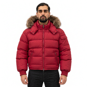 Men's Red Hooded Puffer Jacket <b>Fur</b> <b>Trim</b> Cotton Filled Windproof Zipper Closure Casual Winter Coat Worsted Fabric Streetwear - Product Image 1