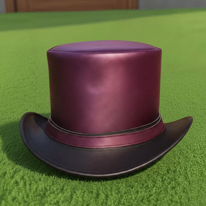 Premium quality custom made Handmade Burgundy & Black Leather Top <b>Hat</b> Victorian Steampunk Gothic Cosplay Festival Costume <b>Hat</b> - Product Image 5