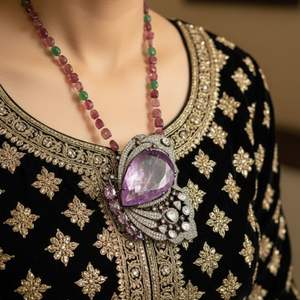 Collar unisex chapado en oro con kunzita, zafiro rosa y diamantes, también conocido como broches - Product Image 2