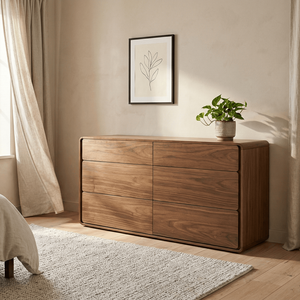 Commode autoportante moderne et minimaliste en teck massif Mora, finition naturelle, 6 tiroirs, durable, écologique, pour chambre à coucher, style farmhouse - Product Image 1