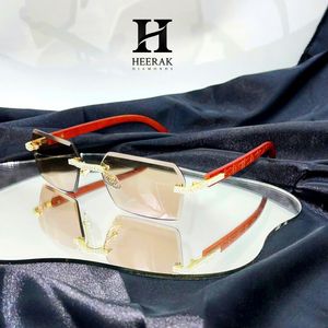 Luxury <b>Rimless</b> <b>Square</b> Diamond <b>Sunglasses</b> Men Women Engraved Wood Temples Brown Gradient Lens Eyewear - Product Image 2