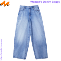 Jean décontracté pour femme, coupe ample et décontractée, jambe large, délavé clair, taille mi-haute, avec rivets, en tissu de coton recyclé BCI, 10.03 OZ