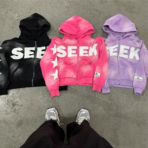 Sweat à capuche zippé oversize en jersey 100% coton, streetwear rose avec logo étoiles sur le devant, unisexe, service OEM - Product Image 6