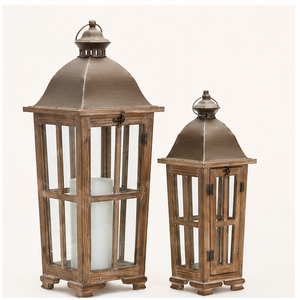 <b>Set</b> of 2 Wood and Metal Candle <b>Lanterns</b> Farmhouse Decorative <b>Lantern</b> for Wedding Centerpiece Antique Brown Wooden Candle Holder - Product Image 4