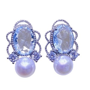 Boucles d'oreilles pendantes en zircon et perles d'eau douce bleu marine rétro français de Zhuji Source Wholesale, luxe exquis, mode bleu clair français - Product Image 5
