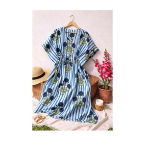 chinese dress ladies indian cotton blue- pink floral block printed women's maxi dress