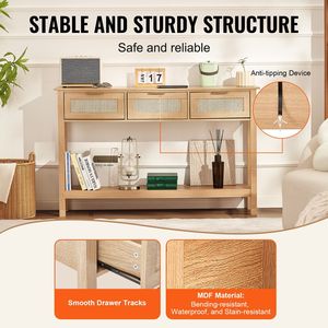 Consolle in Rattan Specchiato con 3 Cassetti Contenitori, Tavolo da Ingresso in Rattan Naturale, Consolle con Ante Scorrevoli, Tavolo da Divano - Product Image 2