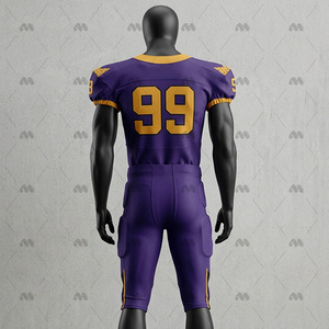 Ensemble d'uniformes de football américain personnalisés, violet et or, maillot et pantalon sublimés, coupe ajustée pour homme, évacuation de l'humidité, toutes saisons, vêtements d'équipe - Product Image 3