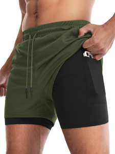 Pantalones Cortos Deportivos 2 en 1 de Secado Rápido para Hombre, Color Verde Oliva, Pantalones Cortos de Fitness Transpirables para Entrenamiento Atlético con Bolsillos - Product Image 2
