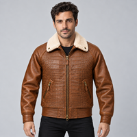 Blouson Bomber Premium en Cuir Marron Motif Croco Vintage pour Homme avec Col Sherpa Chaud, Fermeture Éclair Intégrale, Poignets Côtelés et Poches Latérales Zippées à la Taille