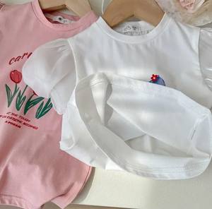 T-shirt à manches courtes et col rond pour bébés filles, haut pour enfants, couleur unie, 100% coton, vêtements d'été pour enfants, Style coréen - Product Image 5