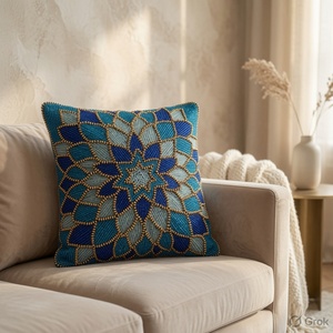 Cojín Decorativo Bohemio con Diseño Geométrico Mandala Azul Celeste, Hecho a Mano - Product Image 3