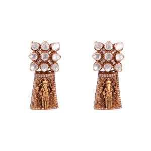 Boucles d'oreilles ovales en pierre verte avec halo de zirconiums et goutte d'eau en aquamarine, finition dorée, bijoux festifs indiens - Product Image 3