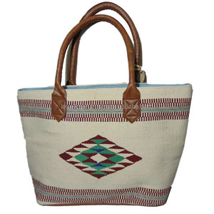 Leather White Handle Handloom White Durries Cotton <b>Handbag</b> Eco Friendly Cotton Tote Bag Handmade Beach Shopping Shoulder Bag - Product Image 6