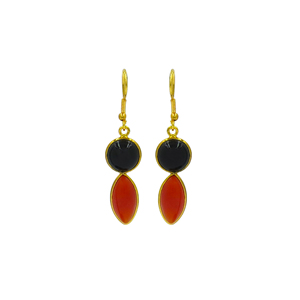 Natural <b>Black</b> Onyx & Carnelian Dangle <b>Earrings</b> Handmade Gold Plated Gemstone Drop <b>Earrings</b> Round Marquise Statement Jewelry - Product Image 2
