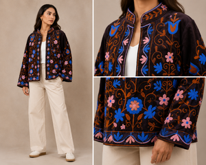 Black Velvet <b>Mandarin</b> <b>Collar</b> <b>Jacket</b> With Floral Embroidery Full Sleeve Autumn Women's Outerwear - Product Image 3