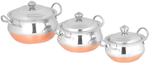 Stainless Steel Indian Serving Hand Copper Biottom Indian Dishes Serve Ware Kadai With Copper Bottom Wok <b>Cookware</b> Set of 3 Pcs - Product Image 4