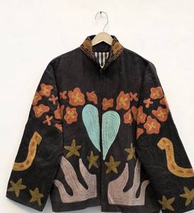 Chaqueta de pana negra para mujer con bordado floral y de estrellas hecho a mano, cuello mandarín, manga larga, para otoño, B2B - Product Image 4