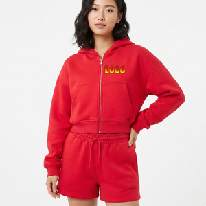 ชุดเซ็ตฮู้ดดี้สีแดงผ้าฝ้ายระบายอากาศสำหรับผู้หญิง OEM ขายส่งเสื้อผ้าฮู้ดดี้สองชิ้น ชุดออกกำลังกาย ชุดวอร์ม ชุดฤดูใบไม้ร่วง - Product Image 1