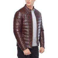 Veste matelassée en cuir véritable marron pour homme Afernon Industry, col montant, fermeture éclair, coupe-vent, respirante, hiver