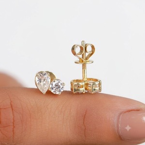 14K Solid <b>Gold</b> Toi Et Moi Style Pear & Round Lab Diamond Studs <b>Earring</b> <b>Screw</b> <b>Back</b> <b>Earrings</b> Anniversary Gift Everyday Wear - Product Image 3