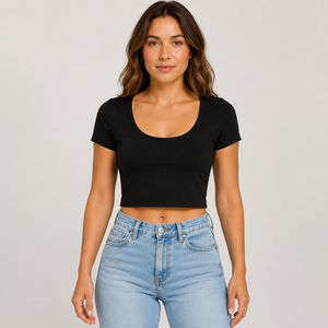 <b>Women's</b> <b>Black</b> Crew Neck <b>Crop</b> <b>Top</b> Short Sleeve Slim Fit Knitted Solid Casual Streetwear Summer Eco-Friendly 100% Cotton - Product Image 3