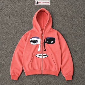 Sudadera con capucha y cremallera completa personalizada, rosa coral, con arte facial, estilo oversize, streetwear, gráfico, unisex, moda casual - Product Image 5