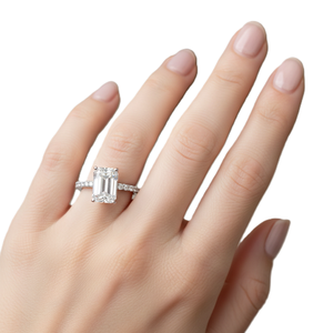 Anillo de Diamantes con Halo Oculto, Anillo Solitario con Diamante Esmeralda, Anillo de Oro Blanco Sólido de 18K, Anillo de Compromiso, Anillo de Aniversario - Product Image 6