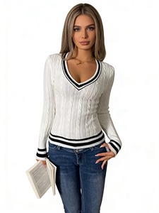 เสื้อสเวตเตอร์ไหมพรมถักลายวินเทจสำหรับผู้หญิง คอวี แขนยาว ผ้าฝ้าย 100% สวมใส่สบาย ทรงพอดีตัว เหมาะสำหรับใส่ลำลอง - Product Image 2