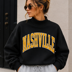 Women's Black Oversized <b>Turtleneck</b> Sweatshirt with Chenille Patches Letter Print Regular Sleeve Cozy and Loose-Fit Autumn <b>Jumper</b> - Product Image 1