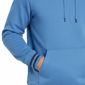 Wholesale Custom sky Blue <b>men's</b> Hoodie with Dark Navy Striped Cuffs trendy Style <b>Men's</b> Streetwear <b>Pullover</b> - Product Image 3