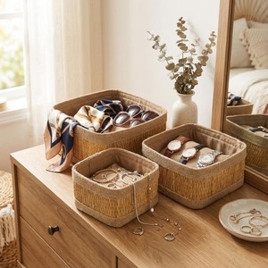 Set of 3 <b>Square</b> Seagrass <b>Baskets</b> with Fabric Stitching Handmade Storage <b>Basket</b> Wholesale eco-friendly Made in Vietnam - Product Image 4