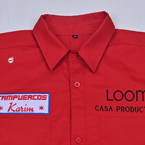 Custom Logo Red Color Mens Short Sleeve Button <b>Down</b> T-Shirts With Contrast Trim And Front Logo Print Regular Fit Woven Polyester - Product Image 5