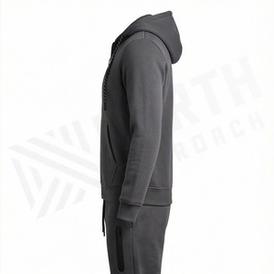Survêtement à capuche zippé pour homme, couleur unie, manches longues, vêtements de sport décontractés avec logo avant et poches latérales, tenue d'automne - Product Image 3