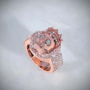 Rose <b>Gold</b> Plated 925 Silver Moissanite Halo Skull Crown <b>Cocktail</b> <b>Ring</b> for Men's Party Wear - Product Image 2