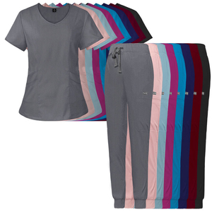 Conjuntos de uniformes médicos para mujer, top con cuello en V y bolsillos, pantalones con cordón, mezcla de algodón, tejido de punto, uniformes de hospital para enfermeras y médicos - Product Image 4