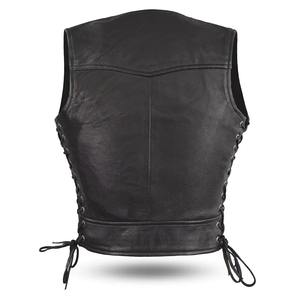 Gilet de moto en cuir véritable pour femme, style biker, fermeture avant à boutons-pression, franges, noir - Product Image 3