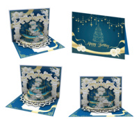 Elegante Tarjeta de Felicitación Pop-Up 3D con Impresión Digital Personalizada, Diseño Floral Azul y Dorado con Pastel, para Aniversario, Graduación, Cumpleaños