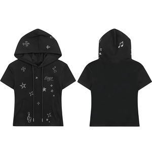 Haut à capuche OEM personnalisé pour femme, à manches courtes, avec poche, motif strass, noir brillant, coupe slim décontractée - Product Image 3