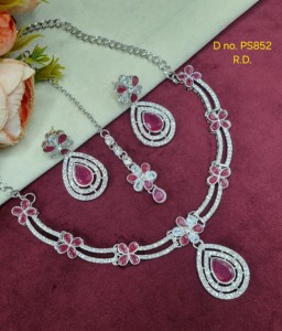 <b>Silver</b> Plated Teardrop Stone Necklace <b>Set</b> With Dangle Earrings And Tika Floral Cubic Zirconia Party Wear Jewelry <b>Set</b> Collections - Product Image 2