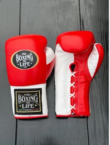 Customized Red and White No Boxing No Life Real Cowhide Leather Lightweight Full Finger Breathable Boxing <b>Gloves</b> Lace-Up - Product Image 2
