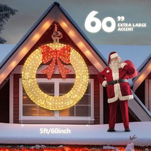 60in Pre-Lit LED Outdoor Christmas Wreath Decoration 400-Light Metal Holiday Decor for Home Exterior Garden Gold/Red Bow - Product Image 5