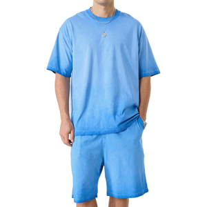 Conjunto de camiseta y pantalones cortos de algodón azul sólido para hombre, conjunto informal de verano con camiseta de manga corta tejida y pantalones cortos a juego - Product Image 1