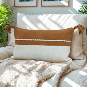 Funda de Cojín Tejida Jacquard Vintage con Borlas y Cremallera, Estilo Boho, Blanca y Marrón, para Decoración Interior Clásica - Product Image 1