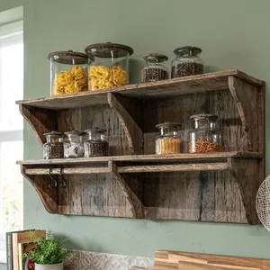 Étagère murale en bois rustique à double niveau pour le rangement des épices de cuisine avec crochets - Product Image 2
