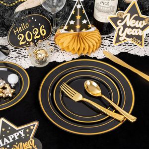 Ensemble de vaisselle jetable noir et or de 175 pièces pour 25 invités, kits de fournitures pour fêtes de remise de diplômes, assiettes jetables pour mariage - Product Image 3