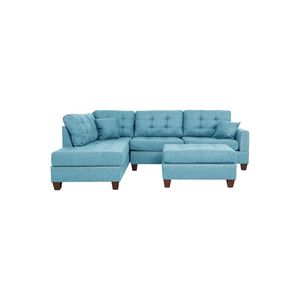 Divano Chaise Longue Reversibile Moderno con Pouf Blu, Set 3 Pezzi in Tessuto Polifibra, Arredamento Soggiorno con Dettagli Trapuntati - Product Image 3