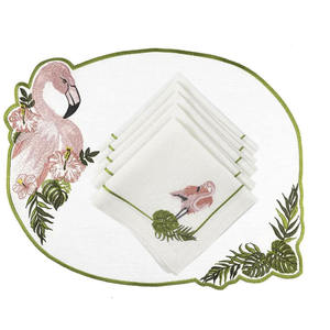 Custom Handmade Embroidered Luxury Flamingo Leaves Napkin Sets Place Mats White Linen Washable Oval Mats Weddings Home Events - Product Image 2